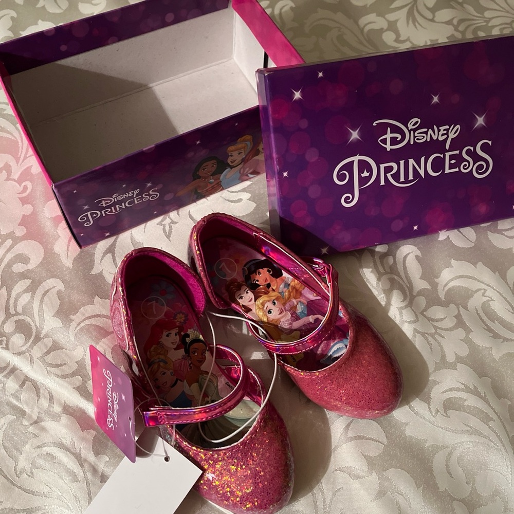 Disney Princess Shoes Toddler Girl Size 7 Pink Glitter Ballet Flats New With Box